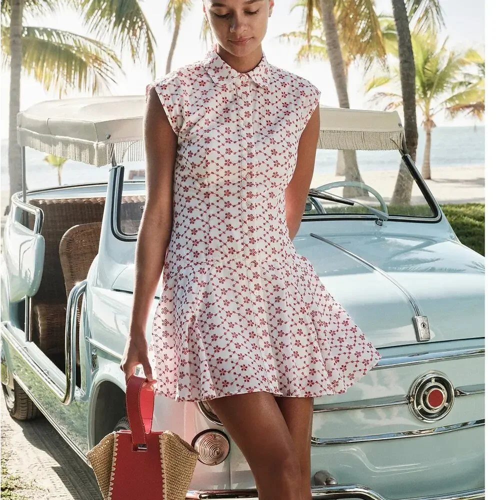 J.Crew Mini Button Front Eyelet Shirtdress Crimson Red On White Size 2 NWT